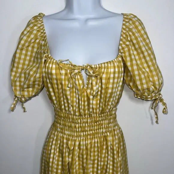 Faithfull Brand Flora Puff Sleeve Midi Yellow Mari Check Gingham Dress Women 6 - Picture 4 of 10